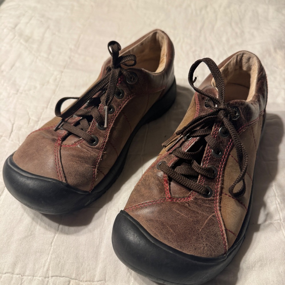 Keen Presidio Brown Leather Walking Shoes Red Contrast Stitch Women 7.5 EU 38